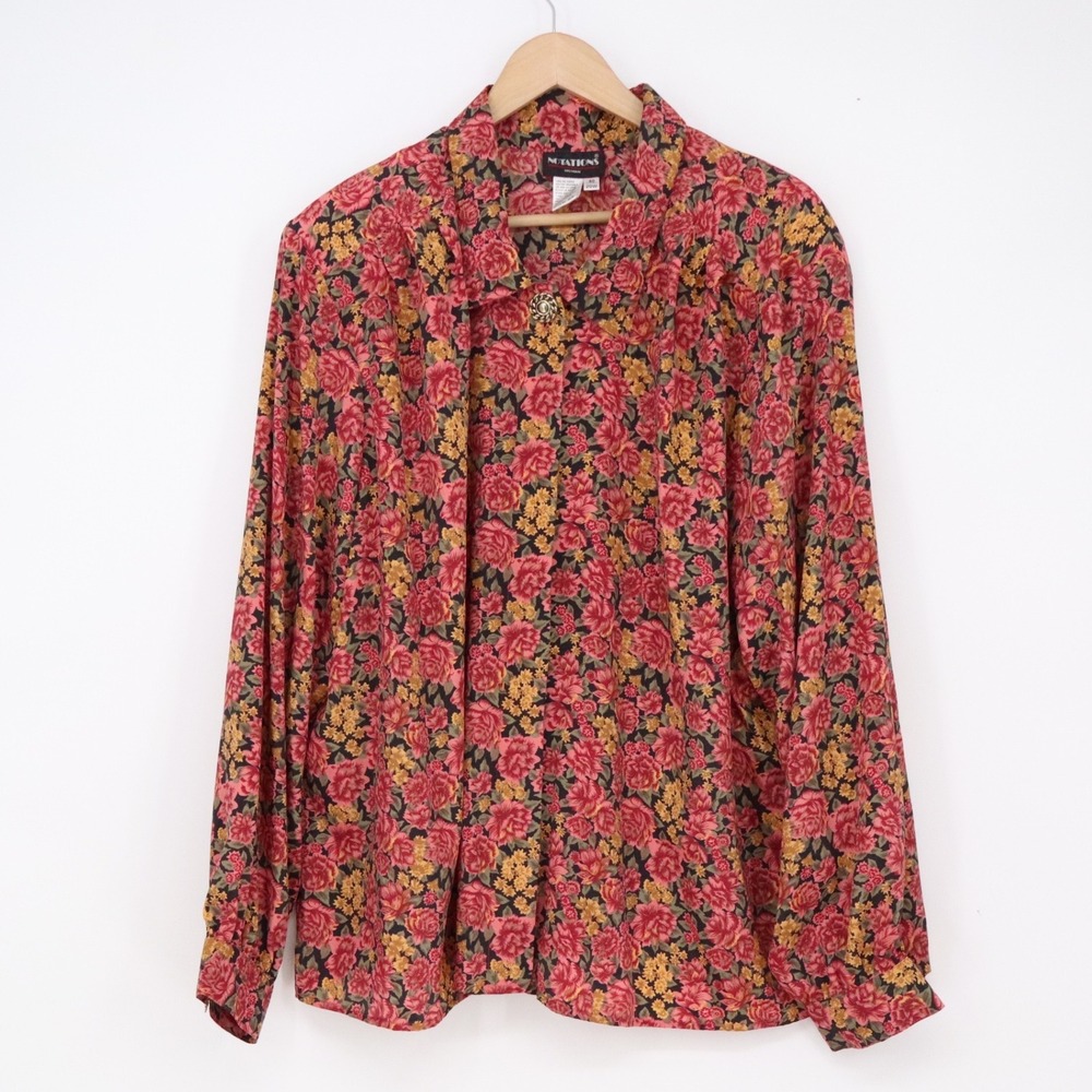 Notations Blouse Womens 20W Red Floral Long Sleeve Button-Down Excellent